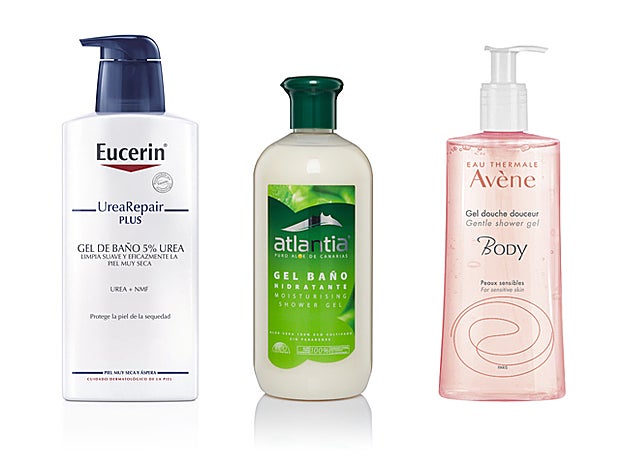 Gel de Baño Urea Repair Plus 5%, de Eucerin (12,45 €).Gel de Baño Hidratante, con aloe vera 100% puro, de Atlantia (12,90 €). Gel Ducha Suavidad Body, de Avène (10,80 €).