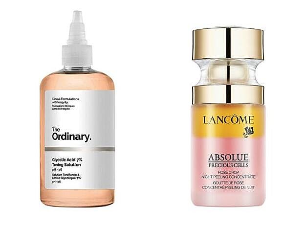 Glicolic Acid 7% Toning Solution de The Ordinary (8,70 €). En Douglas. Absolue Precious Cells Rose Drop Night Peeling Concentrate de Lancôme (146 €).