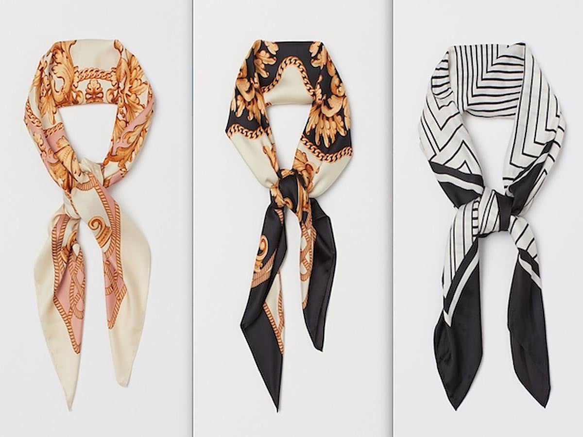 H&M tiene tres propuestas preciosas en satén con diseño cuadrado de 80x80. El dorado es protagonista de dos de los diseños, mientras que el tercero apuesta por el negro y el blanco. Los tres tienen un precio de 7,99 euros pero solo se venden en la web de la firma sueca.