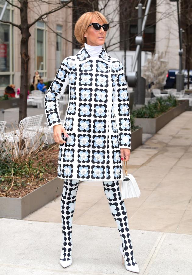Céline Dion sorprendió en la llegada a su concierto de Nueva York con este look de abrigo estampado de flores y medias a juego, que combinó con complementos blancos.
