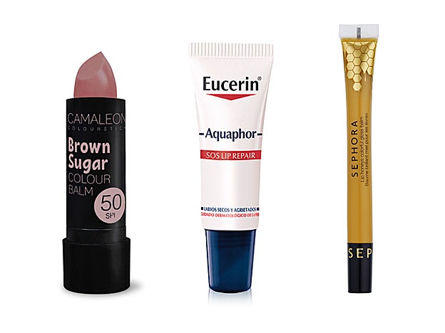 Aquaphor SOS Regenerador Labial de Eucerin (€) Brown Sugar Colour Balm de Camaleon Cosmetics (6,90 €) Colorful Gloss Balm Lip Honey de Sephora Colelction (8,95 €).