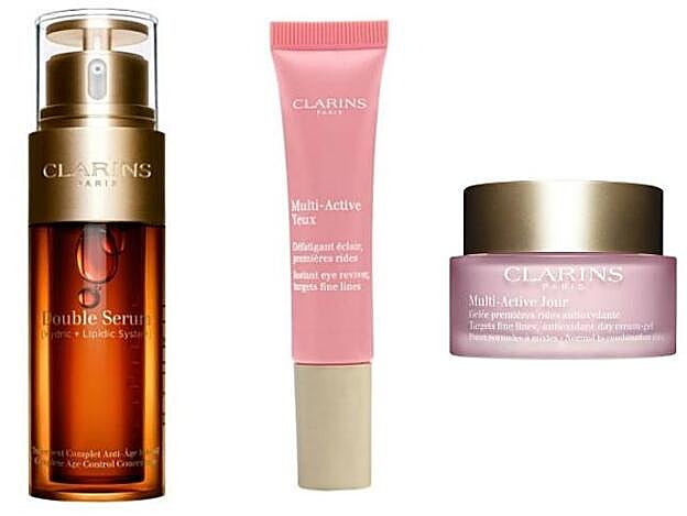 1. Double Serum de Clarins (89 euros). 2. Contorno de ojos Multi-Active Yeux de Clarins. (45 euros). 3. Multi-Active Día Crema para pieles secas. (63 euros).
