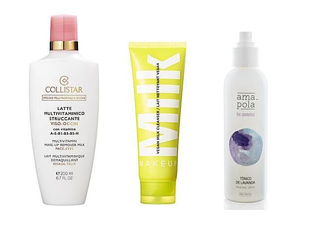 Leche multivitamínica desmaquillante rostro y ojos de Collistar (36,90 €). Vegan Milk Cleanser de Milk Makeup (38,55 €). Tónico de Lacanda de Amapola Bio (14 €).