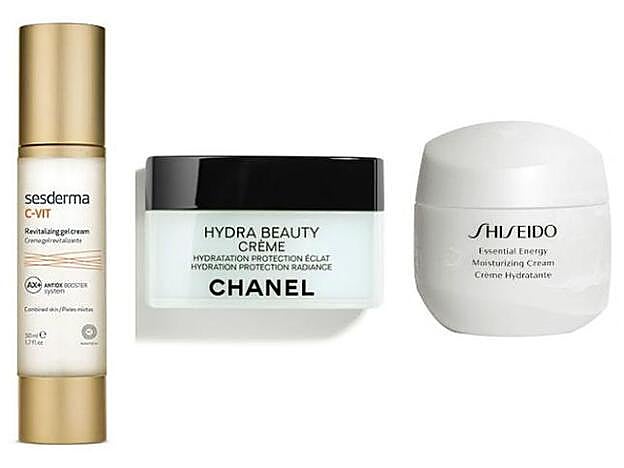 1. Crema Gel C-Vit de Sesderma. 2. Hydra Beauty Crème de Chanel. 3. Essential Energy Moisturizing Cream de Shiseido.