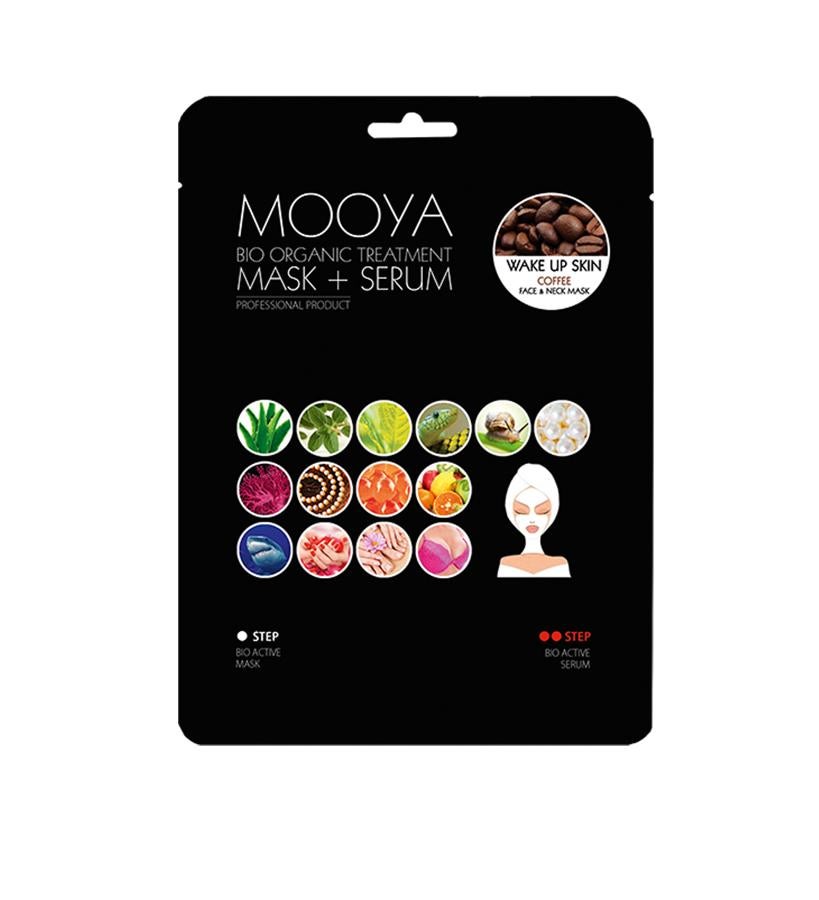 No dejes que la apatía se refleje en tu rostro con signos de cansancio. Esta mascarilla orgánica con extracto de café estimula la microcirculación de la piel, mejora su elasticidad y reafirma.  Mask+Serum de Mooya  (6,99 €).