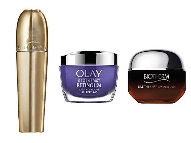 CREMAS DE NOCHE: 1. Guerlain: Orchidée Impériale Serum de Noche (475,70 €). 2. Olay Regenerist: Retinol24 Crema de Noche (34,99 €). 3. Biotherm: Blue Therapy Amber Algae Revitalize Night (67,99 €).