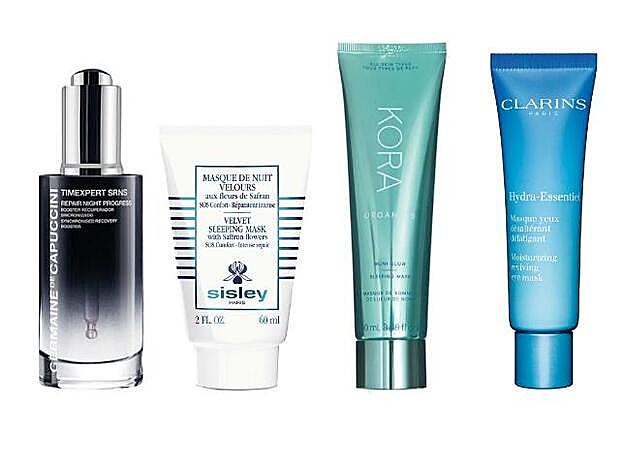 MASCARILLAS NOCHE: 1. Germaine de Capuccini: Repair Night Progress Mask (20 €). 2. Sisley: Masque de Nuit Velours (107 €). 3. Kora Organics: Noni Glow Sleeping Mask (67,99 €). En Douglas. 4. Clarins: Hydra Essentiel Masque Yeux Désaltérant Défatigant (42,50 €).