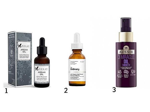 1. Aceite Argán 100% Eclat (9,87 euros), 2. 100% Aceite de argán de Marueccos de The Ordinary 6,55 euros / 3. Aceite Suave 3 Minutos Miracle (5,99 euros).