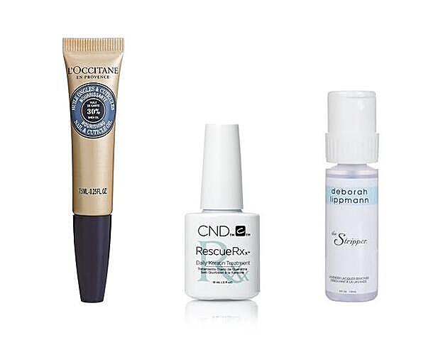 Aceite Nutritivo de Uñas y Cutículas Karité de L'Occitane (14 €). Base reparadora Rescue RXx de CDN (27,50 €). Quitaesmalte The Stripper de Deborah Lippmann (15 €).