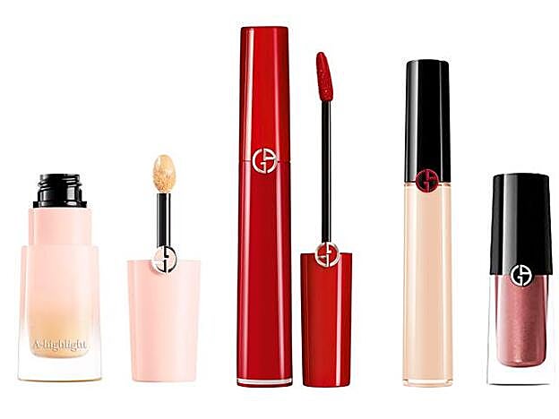 De izquierda a derecha, iluminador A Highlighter en tono nº 10. Barra de labios líquida Lip Maestro. Corrector Power Fabric Concealer. Sombra de ojos líquida Armani Eye Tint en tono nº 27. Todo de Giorgio Armani Beauty.