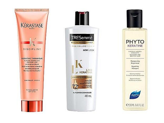 1. Tratamiento de Kérastase Discipline Keratin Thermique. 2. Acondicionador liso keratina de TRESemmé. 3. Champú reparador Pyhotkeratine.
