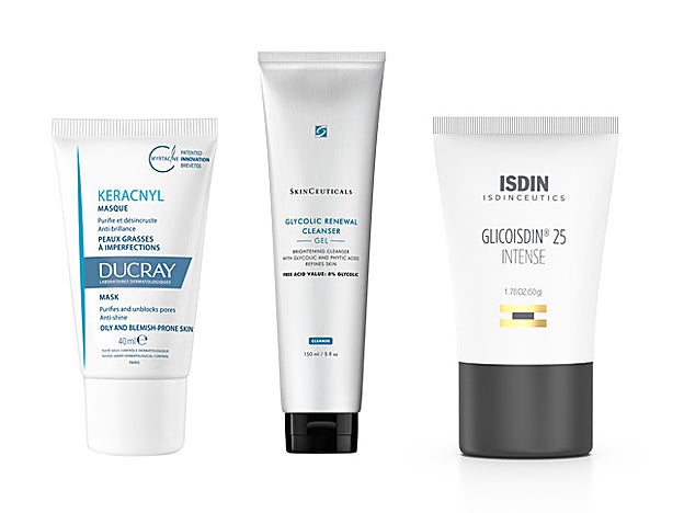 Mascarilla Kerancyl de Ducray (14 €). Glycolic Renewal Cleanser de SkinCeuticals (35,70 €). Glicoisdin Gel 25 Intense de Isdin (36,95 €).