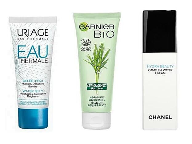 1. Eau Thermale Gel de Agua de Uriage. 2. Hidratante Equilibrante al Lemongrass de Garnier BIO. 3. Hydra Beauty Camellia Water Cream de Chanel.