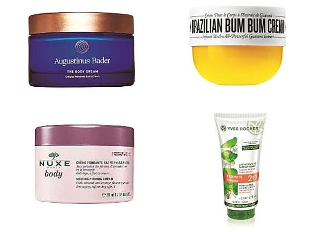 1. Augustinus Bader The Body Cream (145 €), con el complejo antiedad TCF8 que ha hecho famoso Victoria Beckham. En Abanuc. 2. Sol de Janeiro Crema Corporal al Extracto de Guaraná (40, 95 €), de efecto tonificante. En Sephora. 3. Nuxe Body Crema Fundente Reafirmante (41 €). 4. Yves Rocher Leche Hidratate Reafirmante con centella asiática (5,95 €).