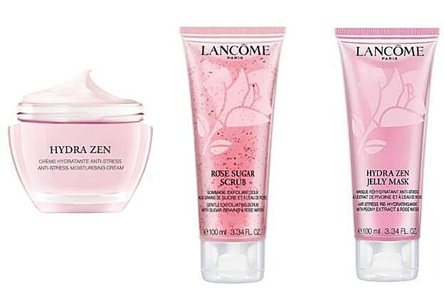 1. Crema Hydra Zen Anti-Stress Cream-Gel. 2. Exfoliante Rose Sugar Scrub. 3. Mascarilla Hydra Zen Jelly Mask. Todo de Lancôme.
