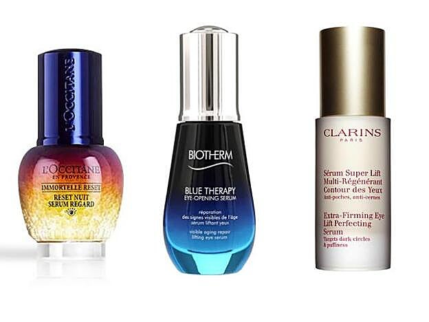1. Sérum Mirada Reset Siempreviva de L'Occitane. 2. Blue Therapy Eye Opening Serum de Biotherm 3. Multi-Régénérante Contorno de Ojos Super Lift de Clarins