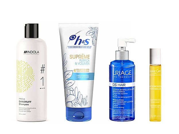 Dandruff Shampoo de Indola (11,13 €). Acondicionador Suprême Purifica & Volumen de H&S (3,99 €). Loción Anticaspa Reguladora DS Hair de Uriage (16,90 €). Roll-on Régénéressence  Naturelle de Leonor Greyl (29 €).