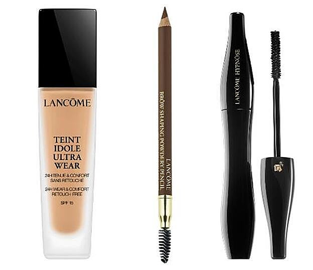 1. Base Teint Idole Ultra Wear. 2. Lápiz de cejasBrow Shaping Powdery Pencil. 3. Máscara de pestañas Hypnôse. Todo de Lancôme.
