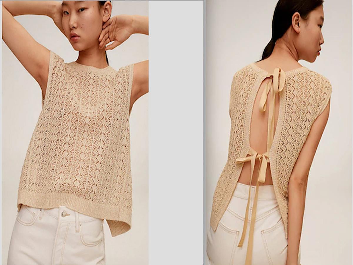 Terminaciones de canalé y cierre de lazos en la espalda para este bonito top crochet de Mango con cuello redondo y sin mangas. Cuesta 25,99 euros y está disponible en las tallas S, M y L.