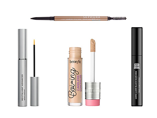 Lápiz de Cejas Retráctil de Sephora Collection (9,95 €). Sérum para pestañas Advanced de Revitalash (55 €). Corrector líquido de alta cobertura Boi-ing Cakeless Concealer de Benefit (28,55 €). Máscara de Pestañas Negra de Soivre Cosmetics (8,95 €).