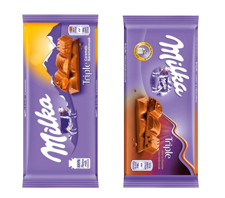Chocolate o caramelo en textura líquida, cremosa y crujiente, en las tabletas Milka Triple.
