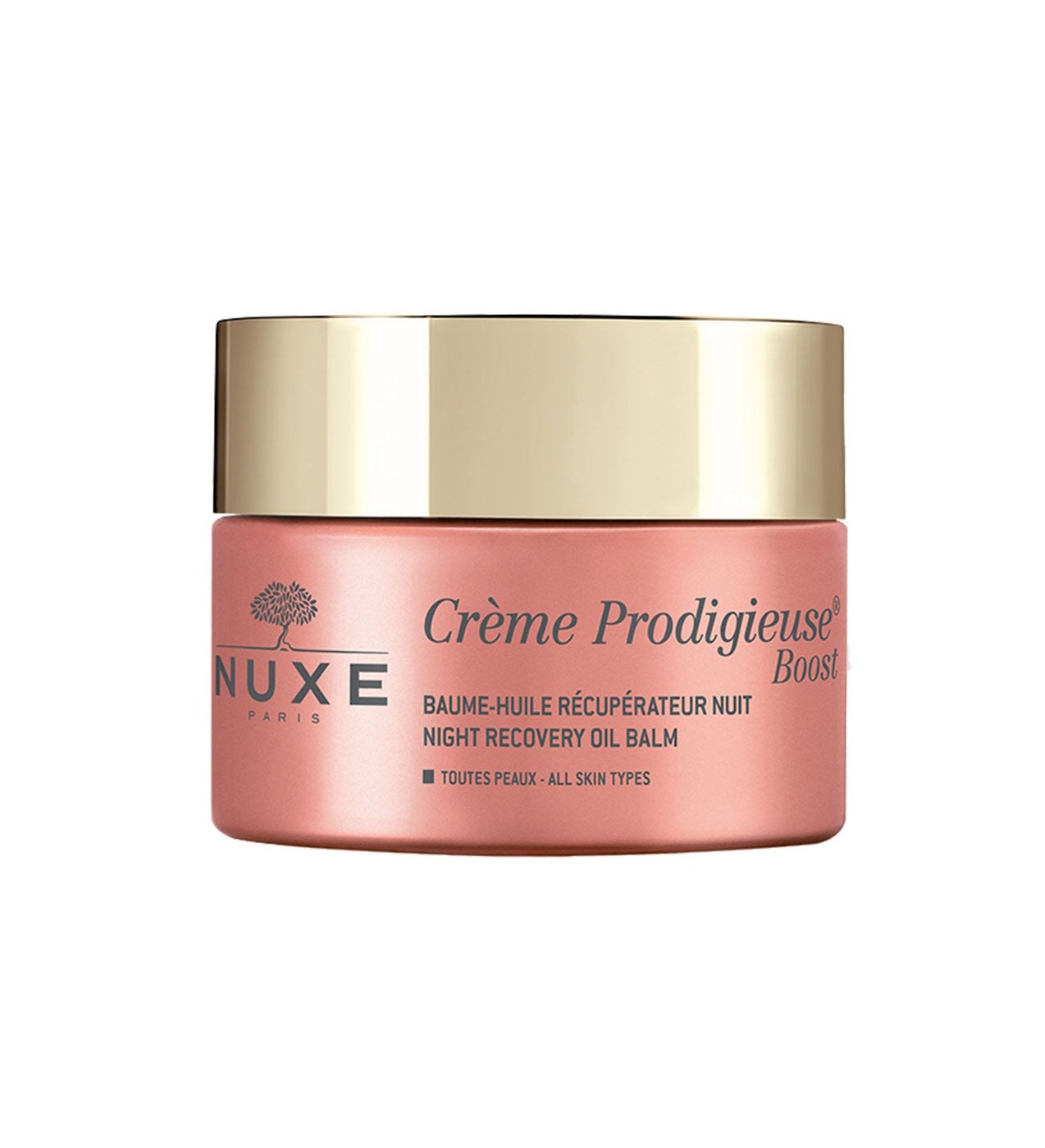 Contiene 92 % de ingredientes de origen natural, entre los que destaca un complejo antioxidante con flor de jazmín que ayuda a que la piel se recupere durante la noche; al despertar los rasgos están descansados y la tez está repleta de energía y frescura. El aceite de macadamia envuelve la piel en un velo de suavidad sin acabado graso.  Bálsamo-aceite Recuperador Noche Crème Prodigieuse Boost de Nuxe  (38,50 €).