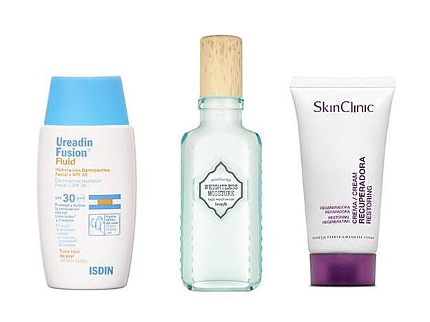 Ureadin Fusion Fluid SPF 30 de Isdin (23,35 €). Weightless Moisture Face Moisturizer de Benefit (41,50 €). Crema Recuperadora de Skinclinic (20,10 €).