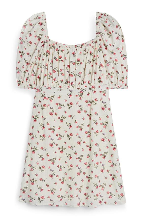 Vestido mini con escote cuadrado drapeado y estampado de flores, de Primark (16 euros).