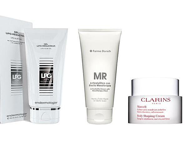 Complexe Anticapitons: Emulsión Anticelulítica de LPG (58 €). Meso Reductor Anticelulítico de + Farma Dorsch (37 €). Creme Masvelt de Clarins (57 €).