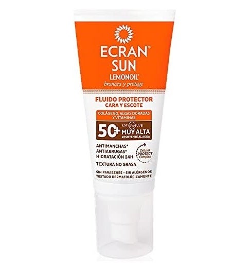 La crema solar para la cara  Ecran Sunnique  protege, broncea, hidrata durante más de 24 horas y mantiene firme el cutis gracias a su fórmula enriquecida con colágeno, algas doradas y vitaminas. (9,59 euros).