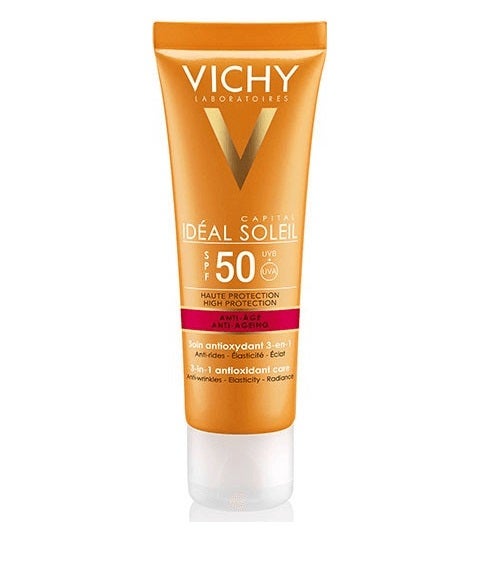 La  Vichy Ideal Soleil  está indicada especialmente para aquellas pieles maduras que necesitan una barrera antiedad de la noche a la mañana que les proteja del sol. (11,79 euros).