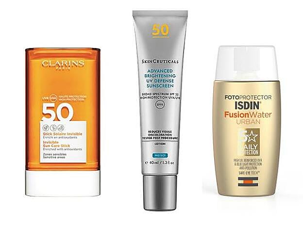 1. CLARINS Stick Protecteur SPF50 (26 €). 2. SKINCEUTICALS Advanced Brightening UV Defense Sunscreen 50 (45 €). 3. ISDIN Fusion Water Urban Fotoprotector SPF30 (24,95 €).