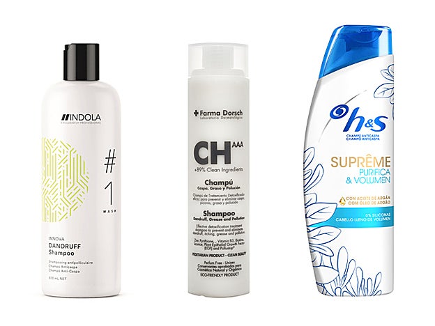 Dandruff Shampoo de Indola (11,13 €). Champú Anticaspa, Grasa y Polución de + Farma Dorsch (37 €). Champú Suprême Purifica&Volumen de H&S (3,99 €).