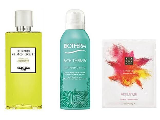 1. Hermès: Le Jardin de Monsieur Li. Gel de Ducha para el Cuerpo (46 €). 2. Biotherm: Bath Therapy Revitalizing Blend Espuma de Baño (12 €). 3. Rituals: The Ritual of Holi Sales de Baño Crujientes (5 €).