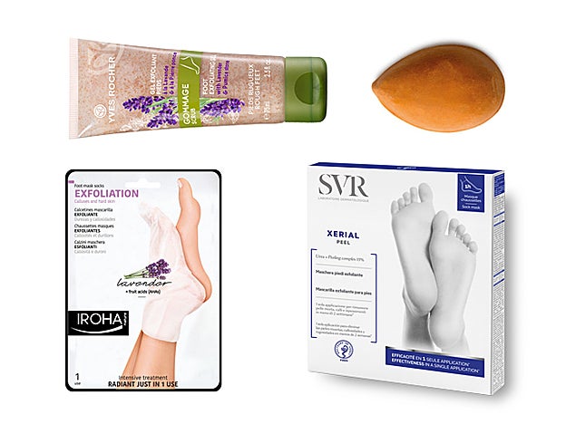 Gel Exfoliante de Pies de Yves Rocher (3,95 €). Jabón exfoliante para pies Pumice Powder de Lush (5,95 €). Calcetines Peeling de Iroha (9,95 €). Mascarilla exfoliante en formato calcetín Xerial Peel de SVR (19,90 €).
