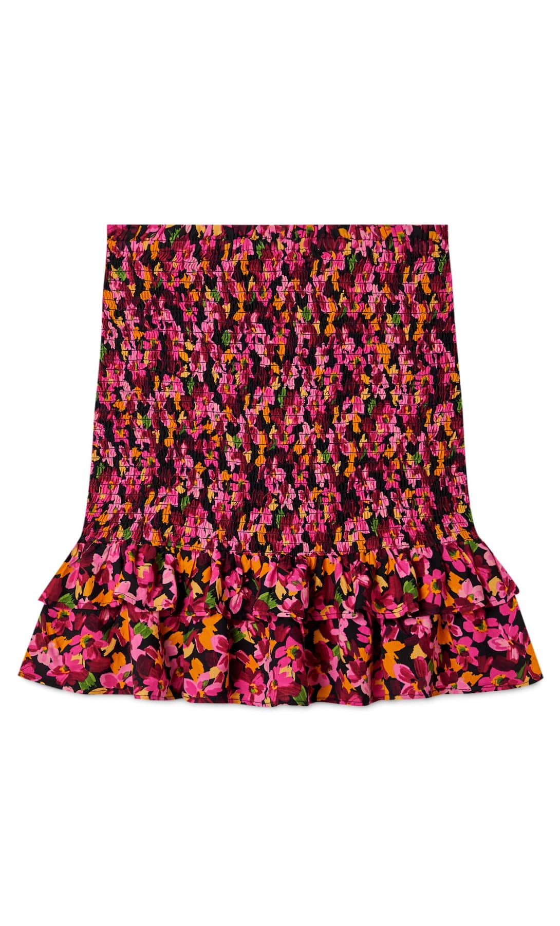 Falda mini fruncida con volantes y estampado de flores de Stradivarius. (17,99 euros).