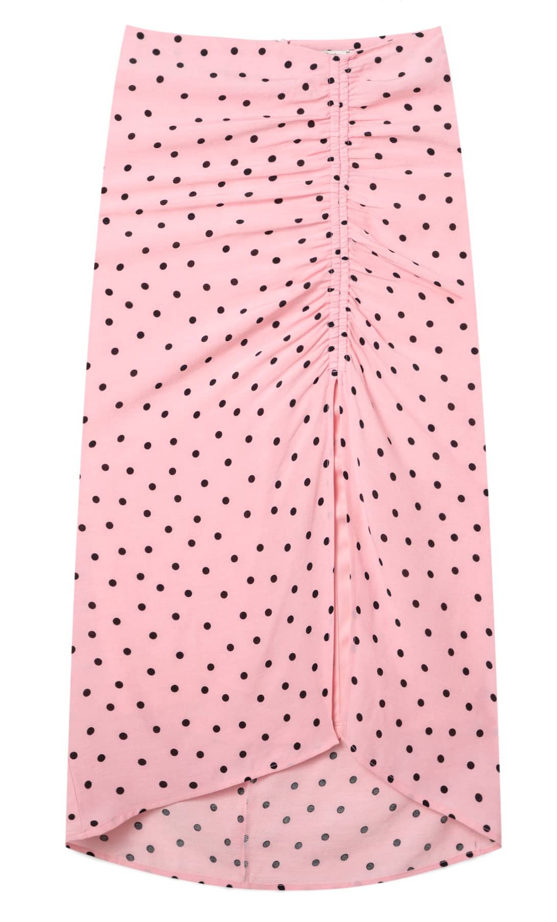 Esta falda tipo lápiz de lunares en rosa pastel es un best seller de la nueva colección de Stradivarius y está a punto de agotarse. (19,99 euros).