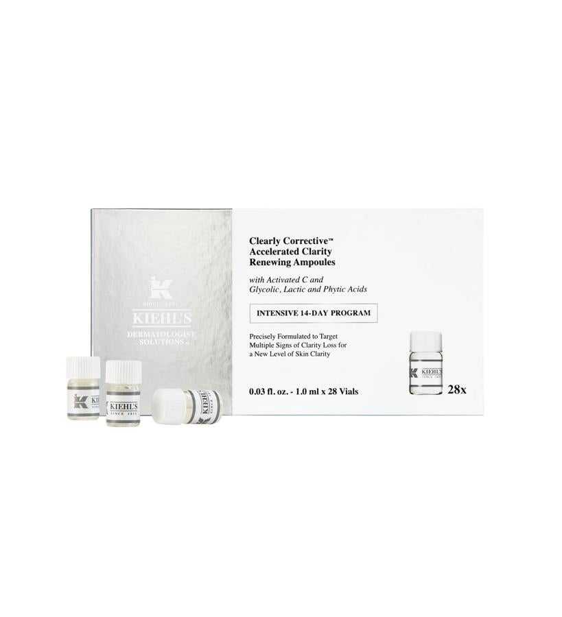Cada ampolla de este programa proporcionar la cantidad justa de ingredientes activos, que incluyen una mezcla triple de ácidos glicólico, láctico y fítico. Tratan la discromía y revelan una piel de aspecto más luminoso y saludable en tan solo 14 días.  Clearly Corrective Accelerated Clarity Renewing Ampoules e Kiehl’s  (95 €/ 28 viales).