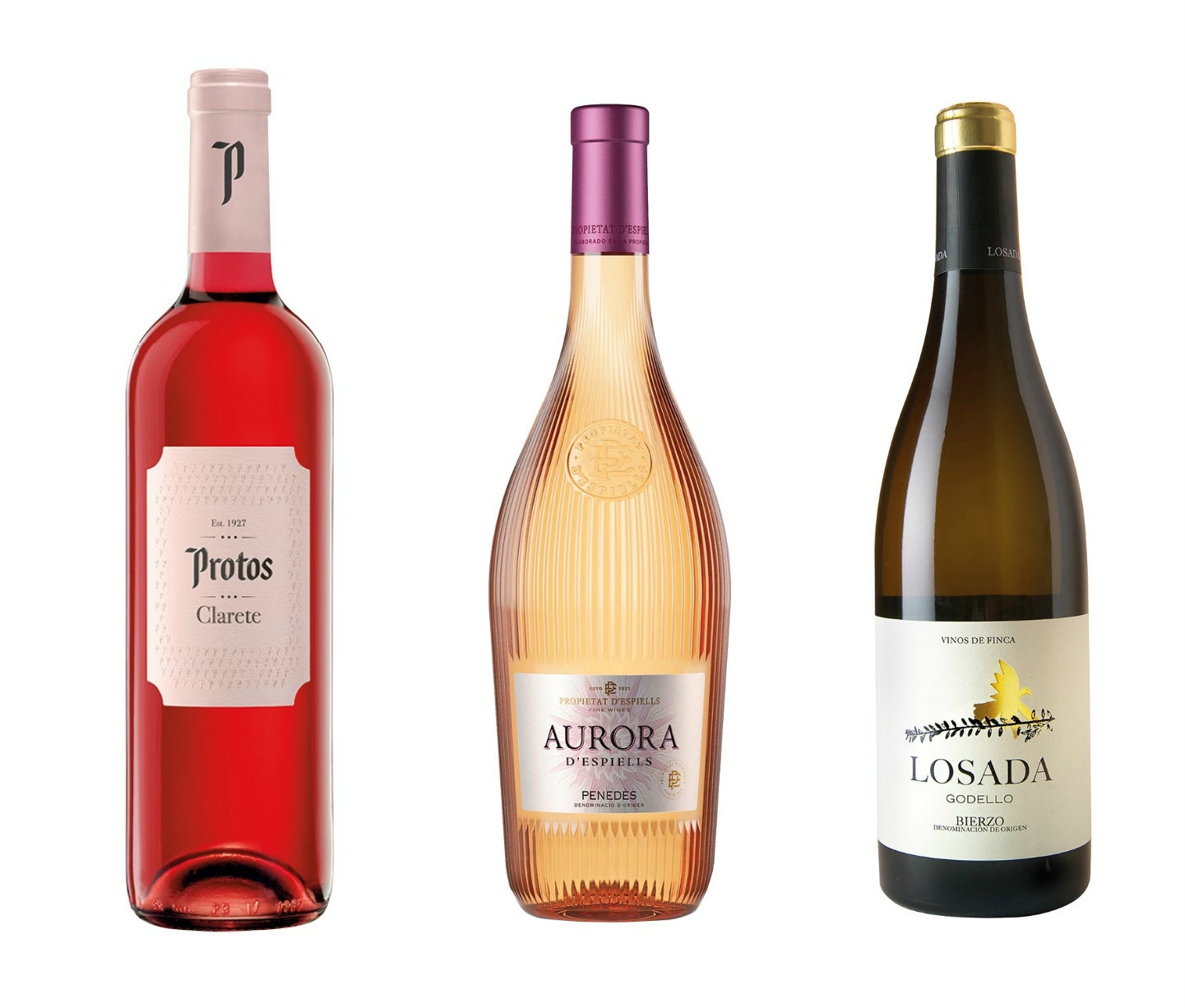 PARA BRINDAR... Y servir bien frescos. Protos Clarete, D.O. Cigales (6,99 €); Aurora d’Espiells (D.O. Penedés, 9,55 €); y Losada Godello 2019 (D.O. Bierzo, 13,90 €).