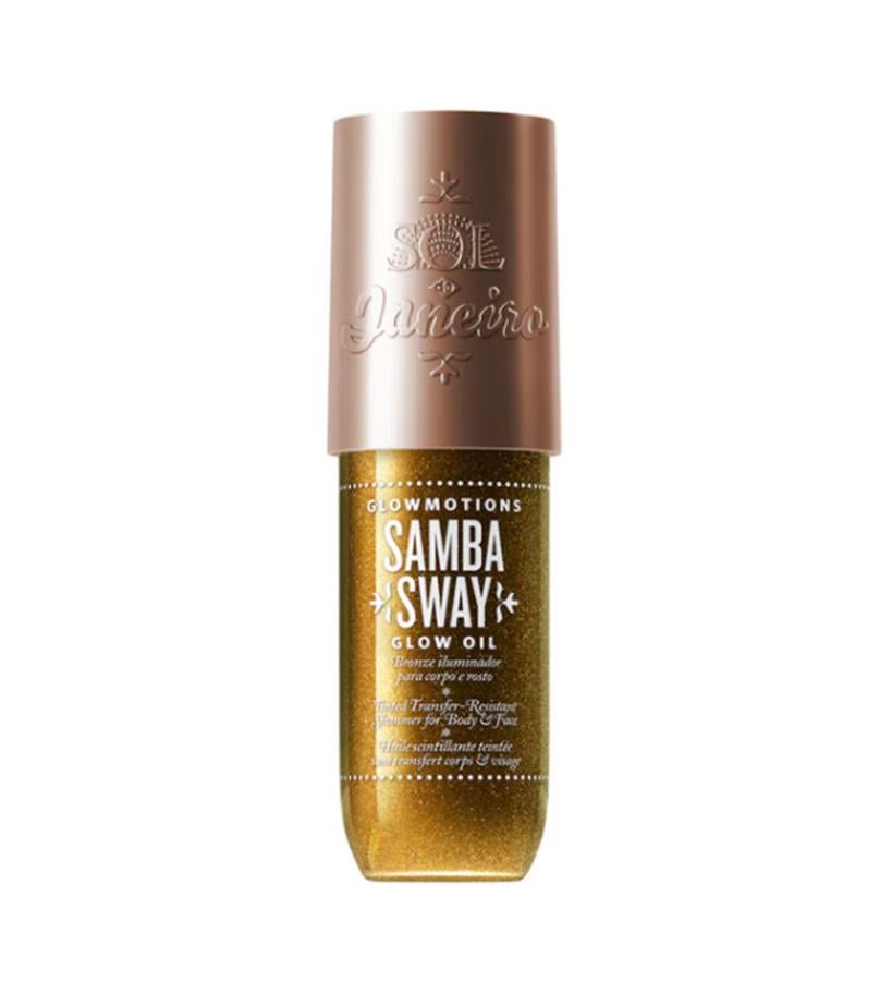 Hidrata, ilumina y potencia el bronceado a la vez que envuelve la piel con unas embriagadoras notas de Bum Bum Cheirosa, que incorpora notas de pistacho y caramelo. Se puede usar en cuerpo y en rostro.  Glowmotion Samba Sway Glow Oil de Sol de Janeiro  (31,95 €).