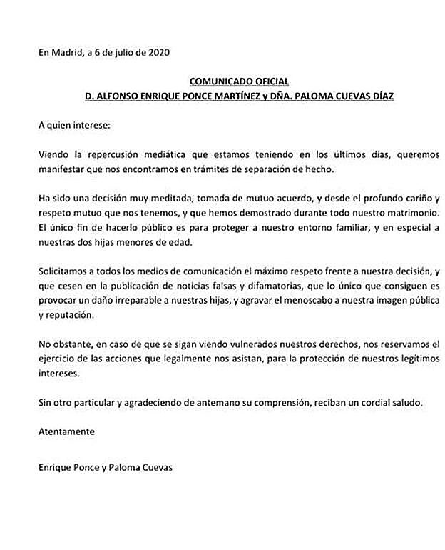 Imagen de ese comunicado que la ya expareja remitía en la tarde de ayer a los medios.