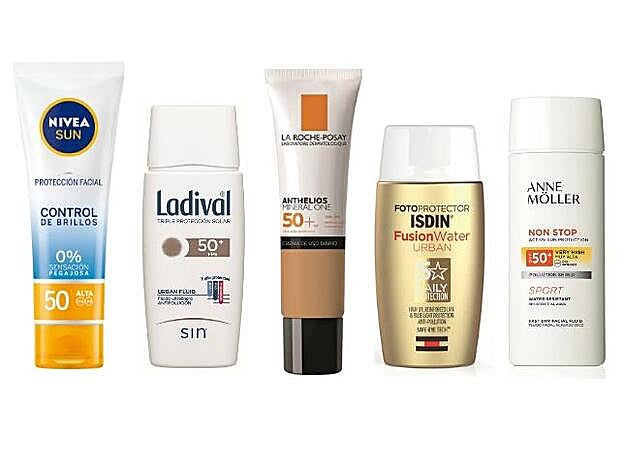 1. NIVEA SUN Control de brillos (10,49 €). 2. LADIVAL Fluido Ultraligero Antipolución (21,72 €). 3. LA ROCHE-POSAY Anthelios Mineral One (26,30 €). 4. ISDIN Fusion Water Urban (24,95 €). 5. ANNE MÖLLER Non Stop Sport (28,50 €).