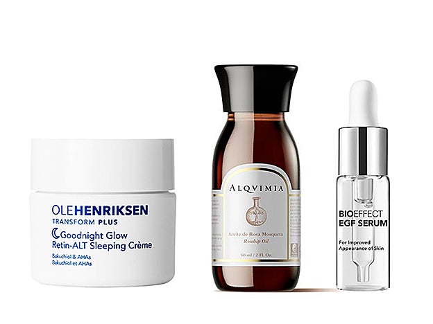 Goodnight Glow Retin-ALT Sleeping Crème de Olehenriksen (51,95 €, en Sephora). Aceite De Rosa Mosqueta de Alqvimia (76,90 €). EGF Serum de Bioeffect (135 €, en laconicum.com).