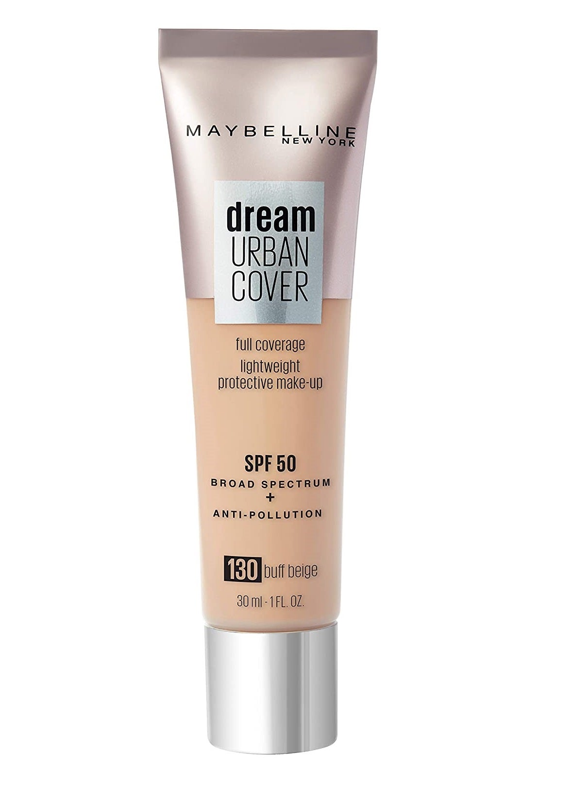 Dream Urban Cover de Maybelline, la primera base de maquillaje asequible con la máxima protección solar (SPF 50). Previene manchas, arrugas, deja un acabado luminoso muy natural y protege de la polución gracias a sus ingredientes antioxidantes.  En Amazon por 10,99 euros .