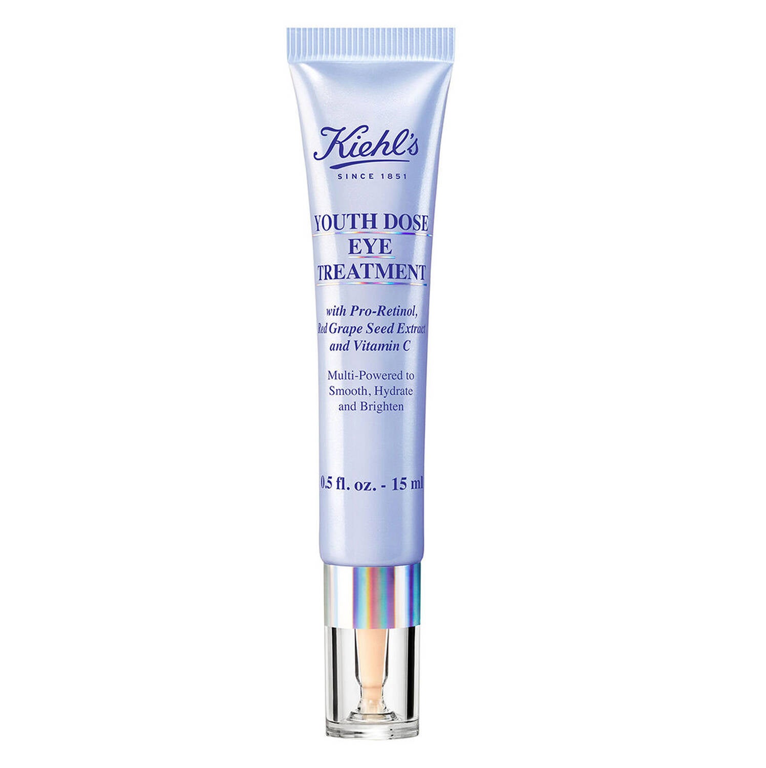 Un cóctel refrescante y rejuvenecedor de retinol junto con vitamina C y extracto de semilla de uva para deshinchar, calmar, aclarar y atenuar el contorno de los ojos de arrugas, bolsas y ojeras. Youth Dose Eye Treatment de Kiehl's (39 euros).