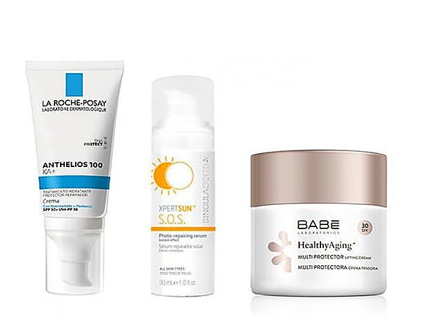 Anthelios 100 KA+ de La Roche-Posay (23,80 €). XpertSun S.O.S. de SingulaDerm (19,90 €). Crema Multiprotectora con SPF 30 de Laboratorios Babé (28 €).