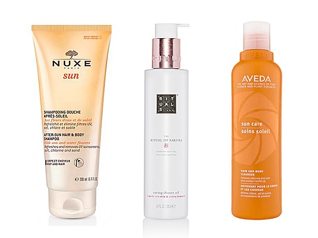 Sun Champú y Gel de Ducha After Sun de Nuxe (10,35 €). Shower Oil The Ritual Of Sakura de The Rituals (8,50 €). Limpiador Para el Cuerpo y el Cabello Sun Care de Aveda (24,99 €).
