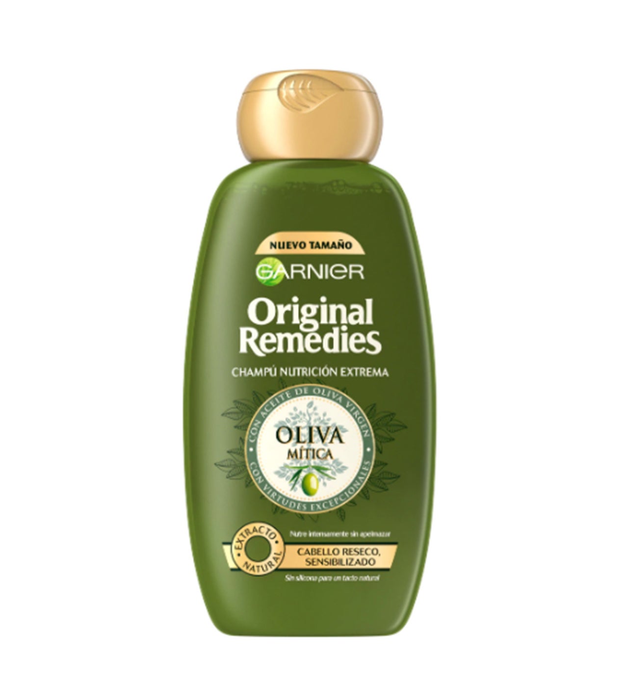 Formulado con aceite de oliva rico en ácidos grasos y vitamina E, se usa desde la antigüedad por sus propiedades altamente nutritivas, suavizantes y reparadoras. Aporta nutrición intensa con cero apelmazamiento al pelo reseco y sensibilizado.  Champú Oliva Mítica Original Remedies de Garnier  (3,40 €).
