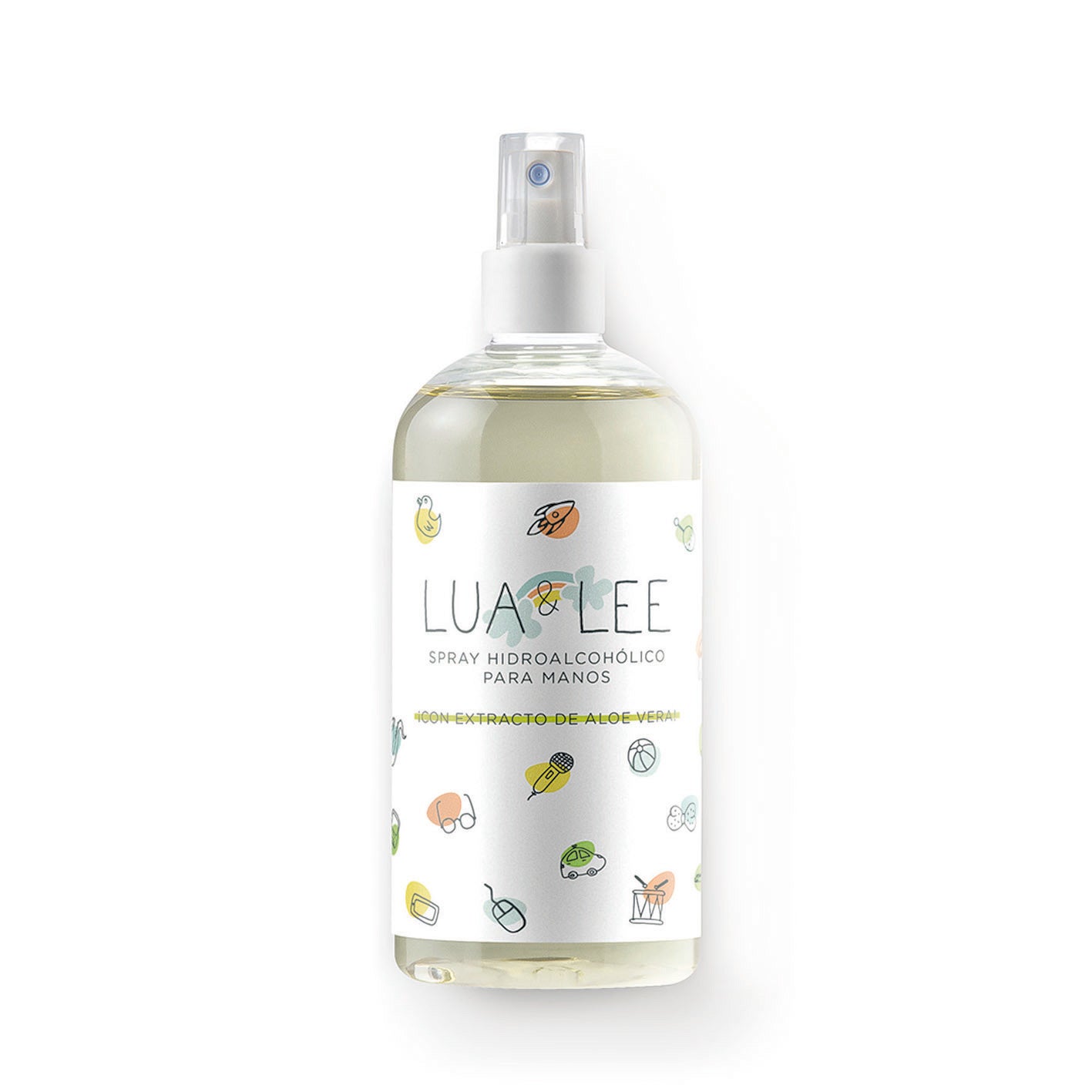 Lua & Lee Gel hidroalcohólico en spray para niños al 70% (45 €). Con aloe vera y aroma a naranja, hojas verdes, flores blancas y musk. En Verycoqueta.com.