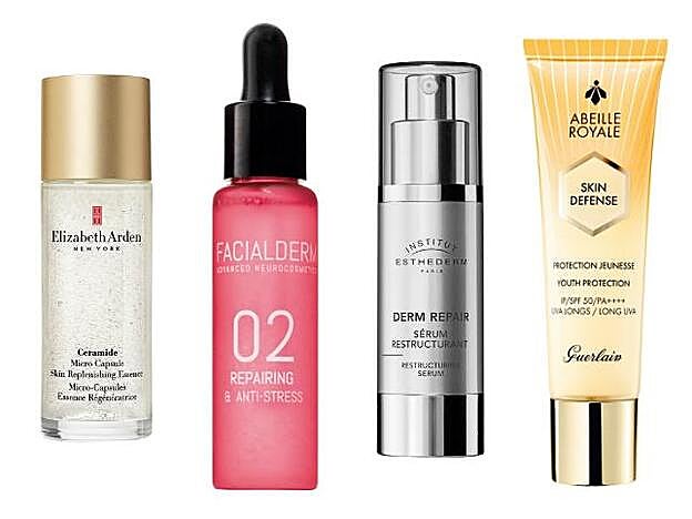 1. ELIZABETH ARDEN. Ceramide Micro Capsule Skin Replenishing Essence (55 €). 2. FACIALDERM. 02 Repairing & Anti-Stress (29,95 €). 3. INSTITUT ESTHEDERM. Sérum Restructurant (75 €). 4. GUERLAIN. Skin Defense (65 €).